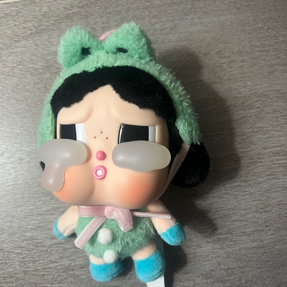 Cry Baby Pop Mart key chain Adorable Green and Blue Plush Doll with Pink Bow
